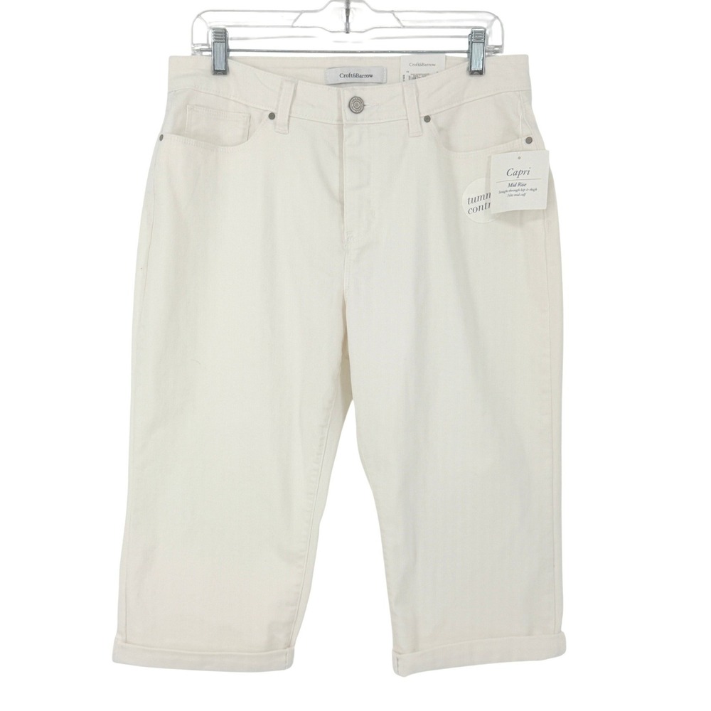 Croft Barrow Womens Tummy Control Capri Pants White 14P Fisherman Nautical Coast